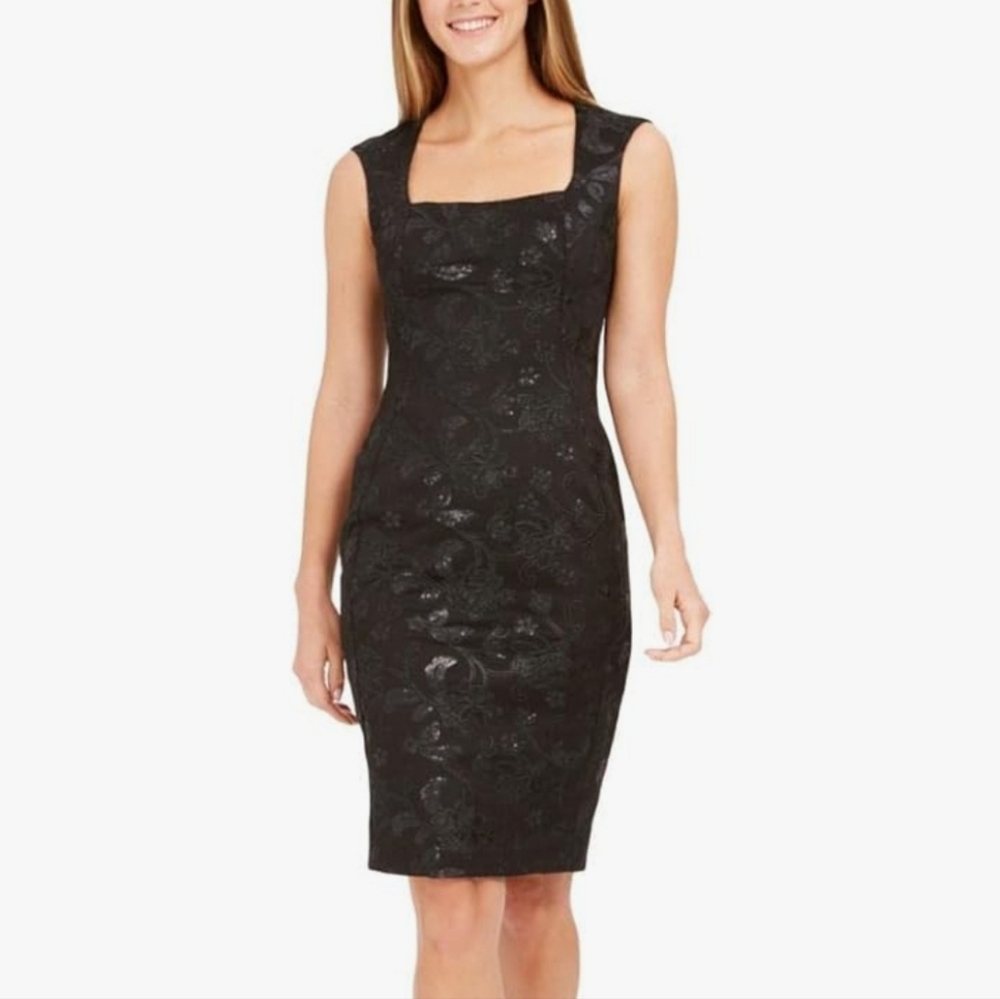 Calvin Klein Black Sequin Embroidered Floral Sheath Dress Size 12